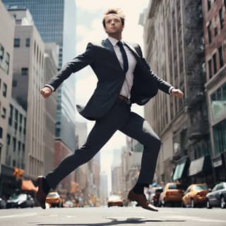 in a suit jumping in the air