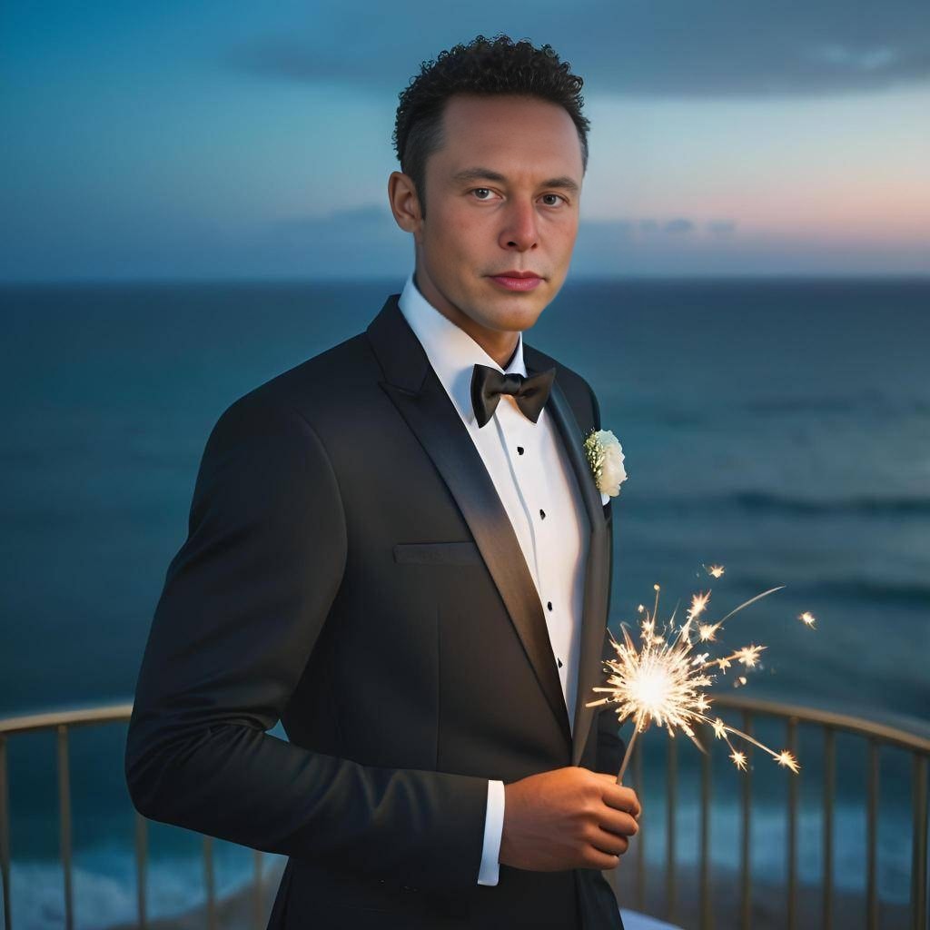 in a tuxedo holding sparklers by the ocean