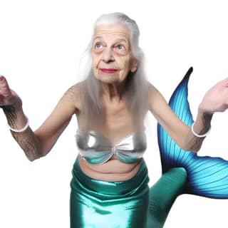 an elderly woman dressed as a mermaid