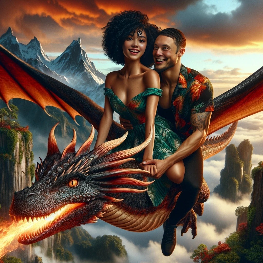 Un couple chevauchant un dragon dans le ciel.