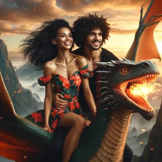 Una pareja está montando un dragón.