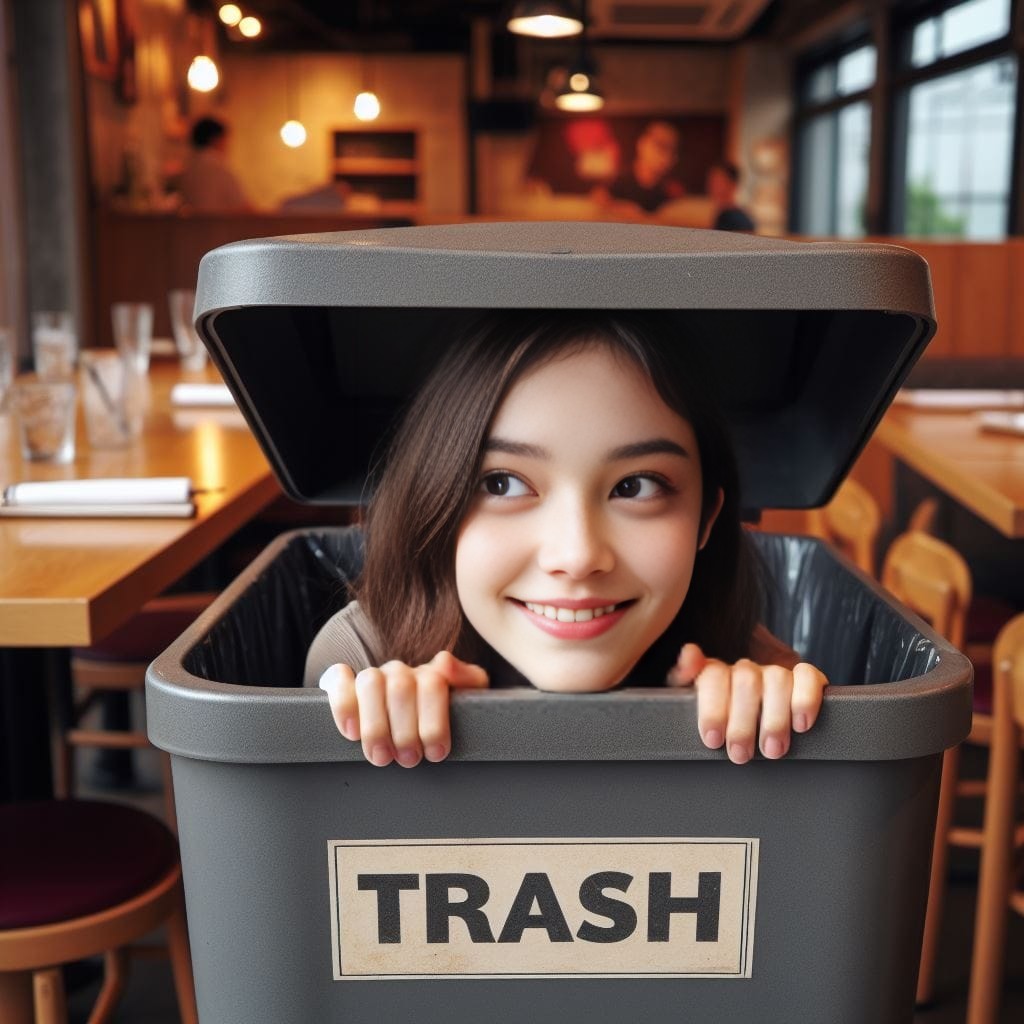 Una ragazza sta spiando da dentro un bidone della spazzatura.