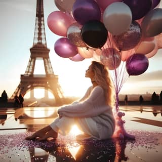 sitting on the ground with balloons in front of the eiffel tower