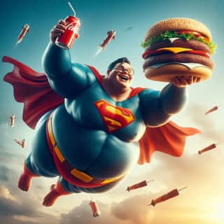 Superman fliegt über einen Burger.