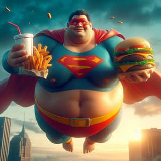 Superman sedang terbang di atas kota sambil memegang sepotong burger.