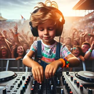 Un niño con audífonos está mezclando música en una cabina de DJ.