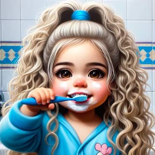 Una niña pequeña con el pelo rizado cepillándose los dientes.