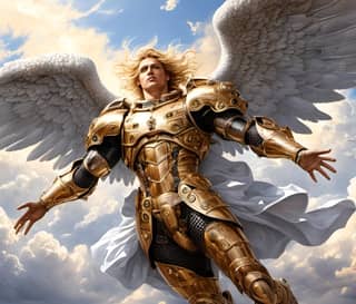 an angel in gold armor standing on clouds