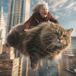 an older woman is flying on a cat in the air