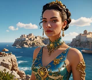 Assassin's Creed Origins menampilkan seorang wanita misteri dalam gaun biru.