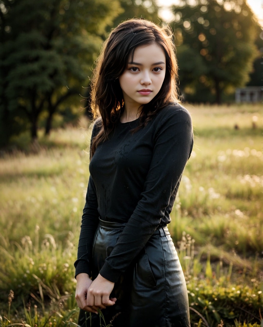 in black shirt and leather pants standing in a field