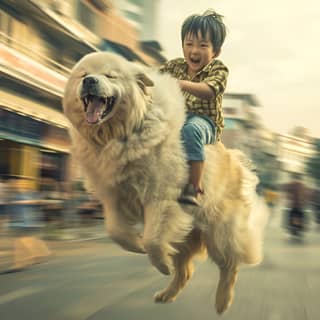 Seorang anak laki-laki sedang menunggangi punggung anjing besar.