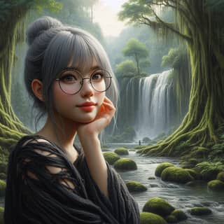 a girl with glasses and a waterfall in the background