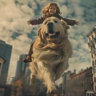 Una niña montando en la espalda de un perro.