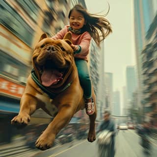 Una ragazza che cavalca sulla schiena di un cane.