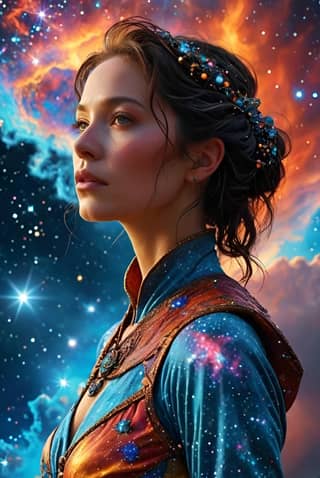 in a space costume with stars above her