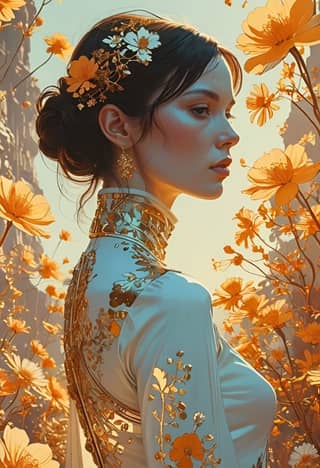 La persona indossa un vestito bianco e tiene in mano dei fiori gialli.