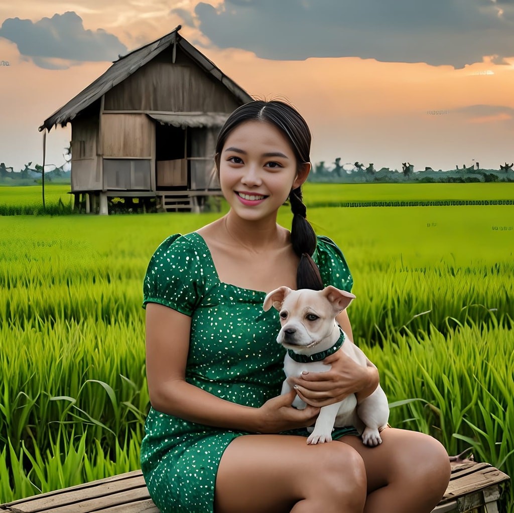 Persona in abito verde che tiene un cane di fronte ai campi di riso.