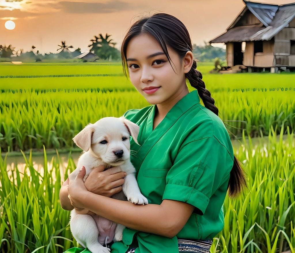 Personne tenant un chiot dans un champ de riz.