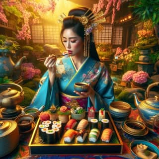 Una mujer disfrutando de sushi en un traje de geisha.