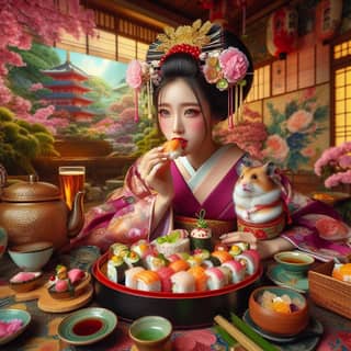 Perempuan berpakaian tradisional Jepang sedang makan sushi.