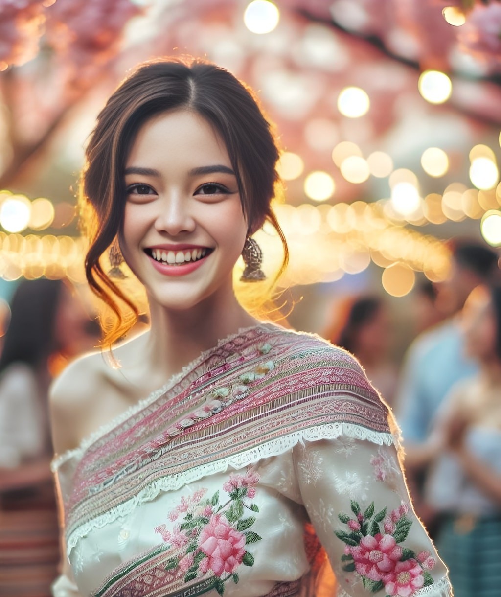 Seorang wanita cantik mengenakan pakaian tradisional Thailand tersenyum.