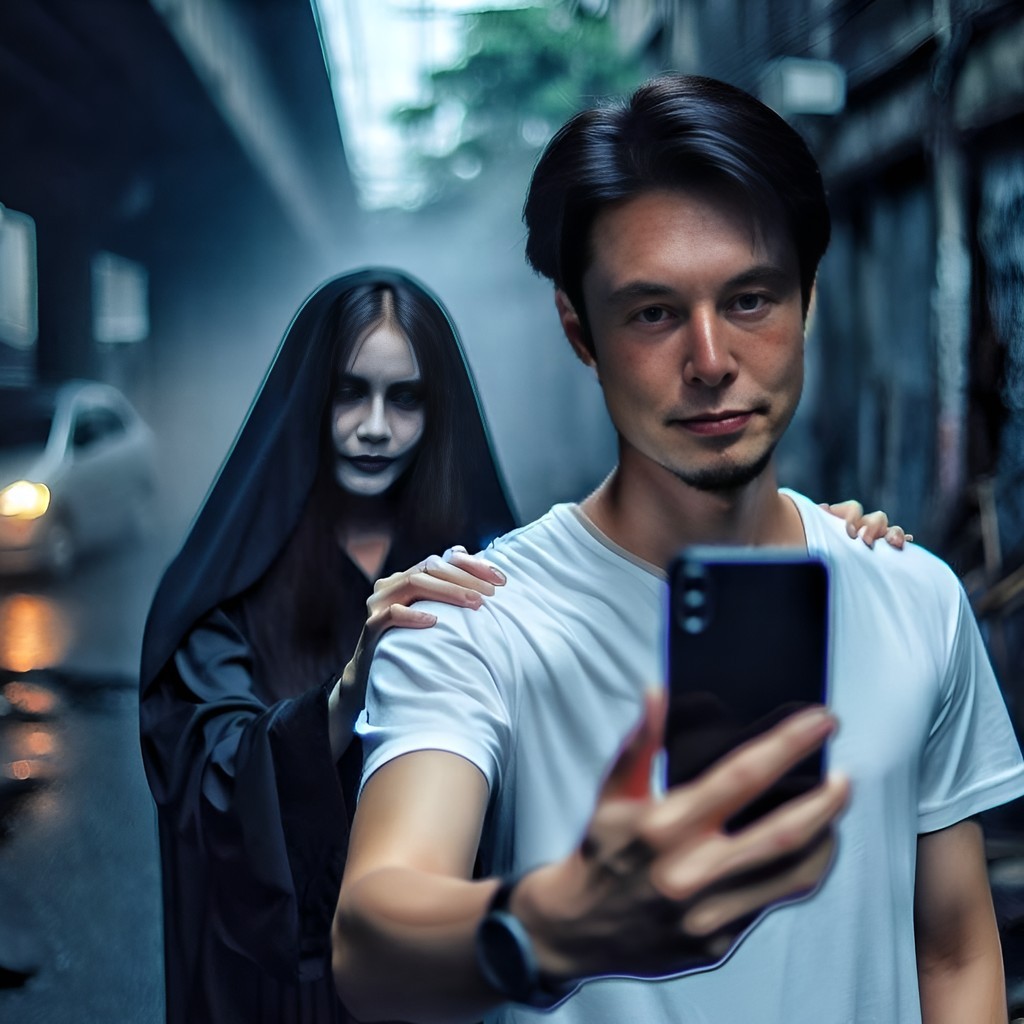 woman taking a selfie with a ghost