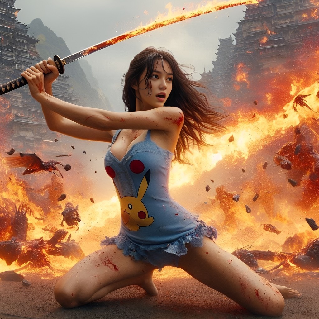 in a blue dress holding a sword in front of a fire