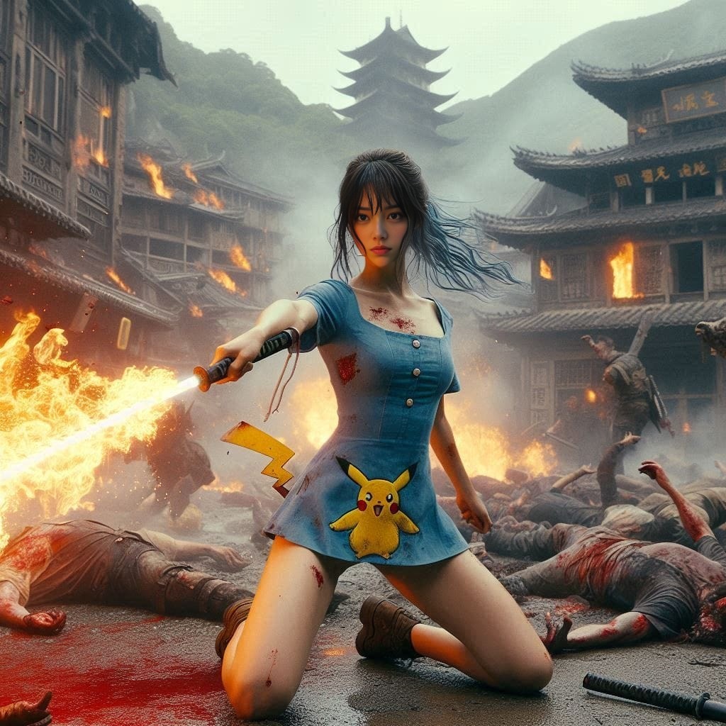 in a blue dress holding a sword in front of a group of zombies