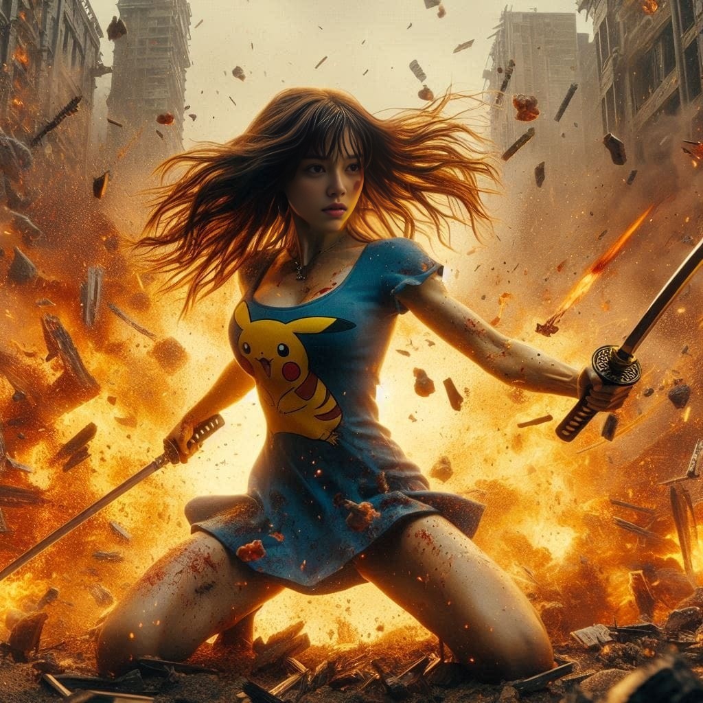 in a blue dress holding a sword in the middle of a destroyed city