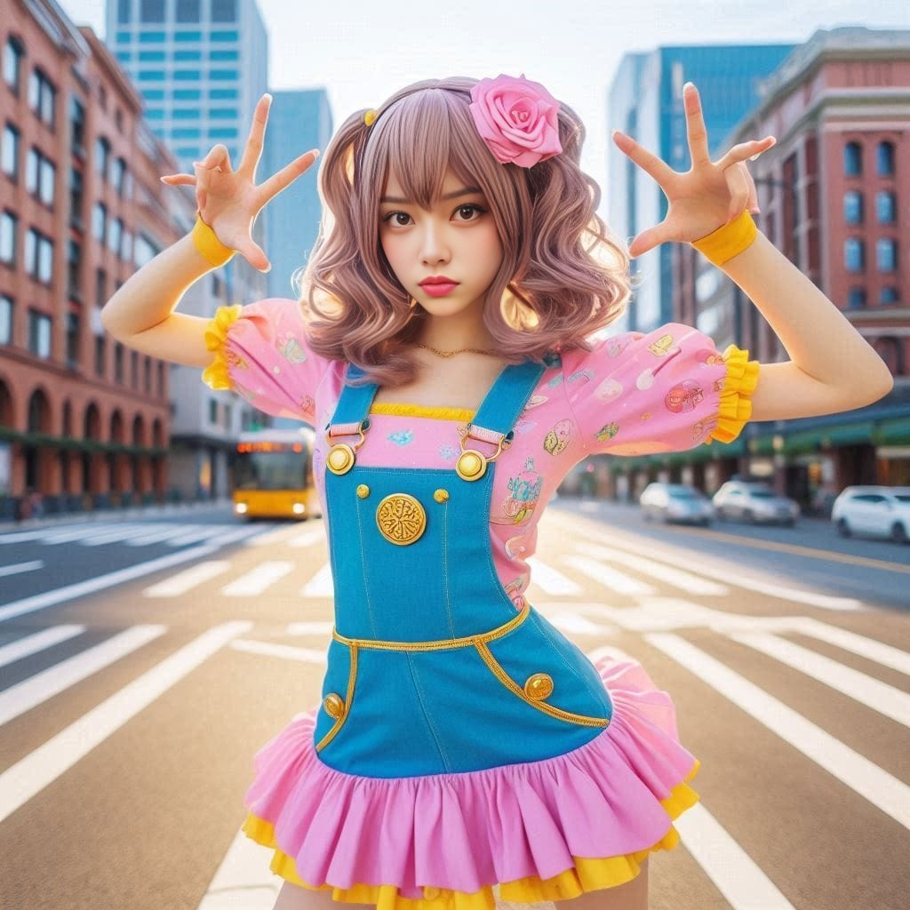 เด็กสาวใส่ชุดชุดสีชมพูและสีฟ้ากำลังยืนเพื่อถ่ายรูป