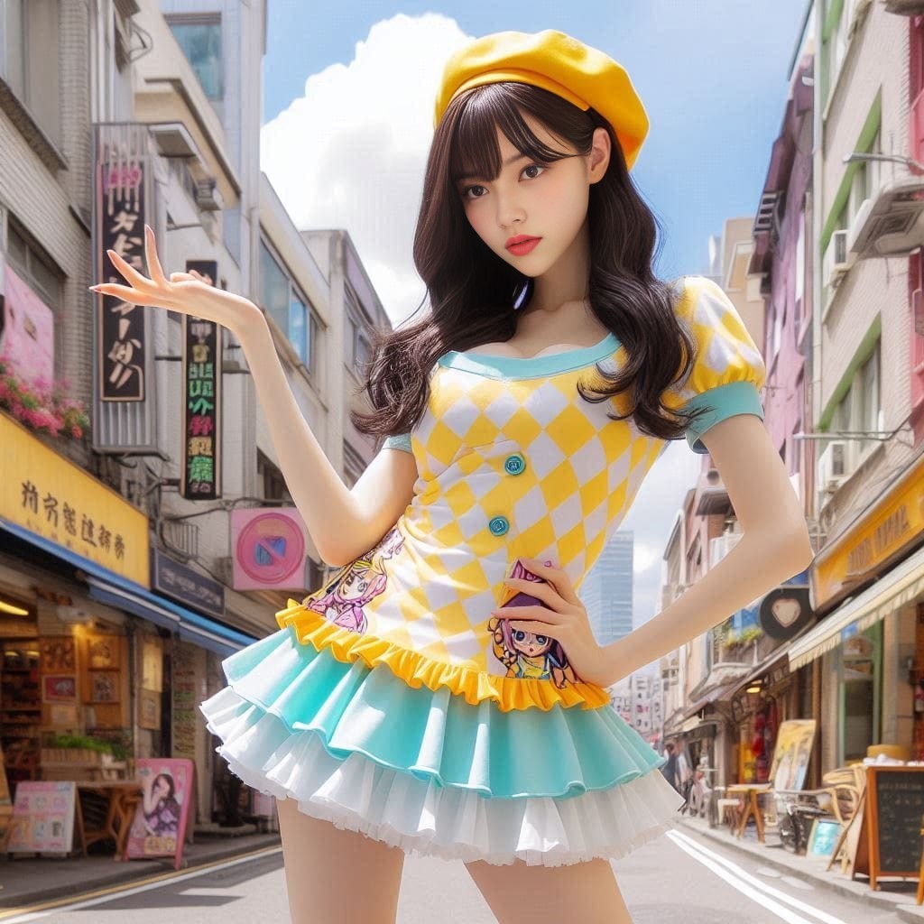 เด็กสาวในชุดเสื้อผ้าสีเหลืองและสีฟ้าท่าทางบนถนน