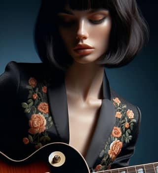 Cô ấy đang nắm một cây đàn guitar.