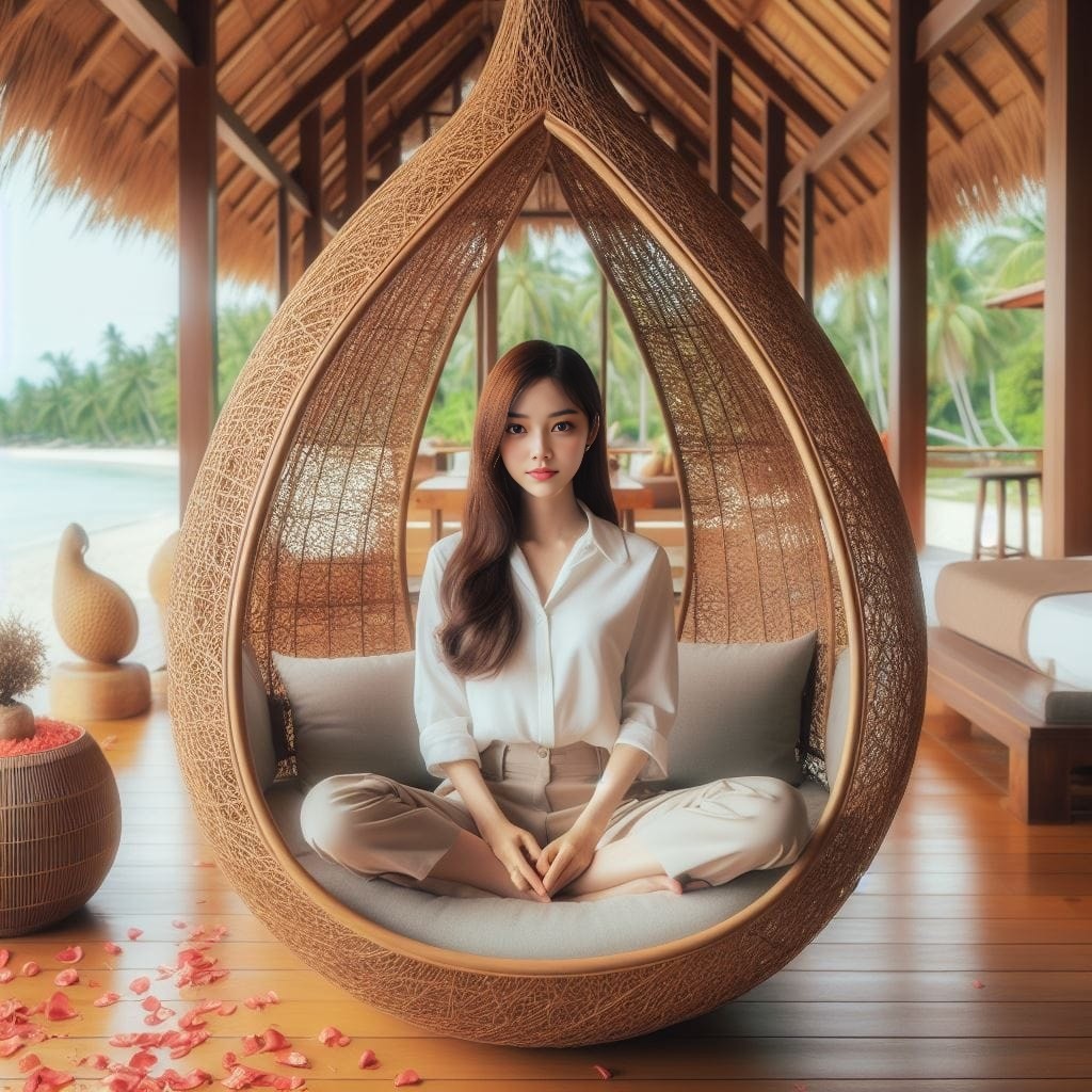 sitting in a wicker chair on a beach