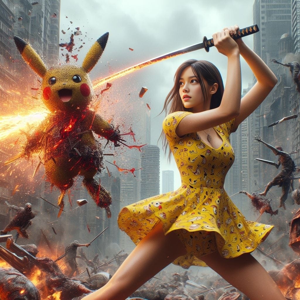 in a yellow dress holding a sword and a pikachu