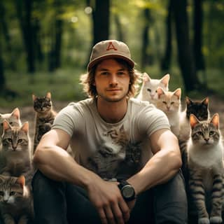 Foto goodlooking guy with snapcap a lot of cats Next to a Forest in the nature modern Canon 5D Mark3 ar1:1