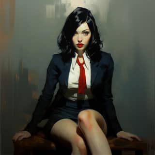 Painting by artist Malcolm T Liepke of American horror, in a suit and tie sitting on a chair