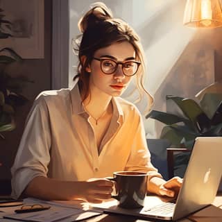 drinking coffee before working company desk laptop, in glasses is working on her laptop