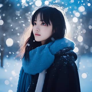 https://s mj run/Fc6use_btB8 colorful lightspot bright light sky blue scarf bright A 23-year-old woman wearing a lake blue