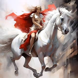 https://s mj run/UDQ3UVrmPG4 woman rider on horse white wings red cloak abstraction ink acrylic