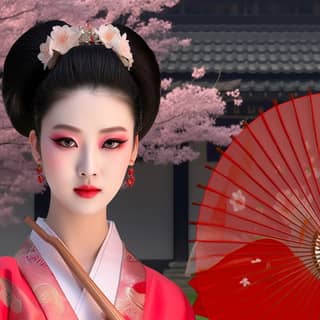 Mulher em trajes tradicionais japoneses segurando um leque.