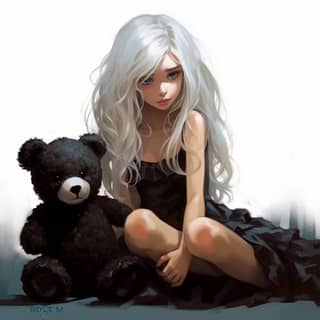 long white hair Brown eyes。black dress。Brown Teddy bear Deserted girl white background pixel