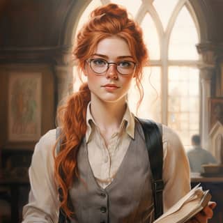 in old western setting Ginger hair Small freckles on nose Wearing small square glasses Wearing small waistcoat and pocket