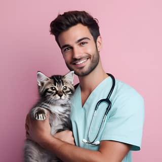 Seorang dokter hewan pria yang sedang tersenyum menggunakan stetoskop untuk memeriksa kucing.