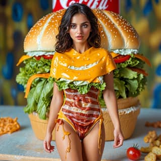 in a bikini posing next to a giant hamburger