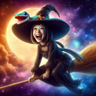 a cartoon witch flying on a broom with a frog on her back