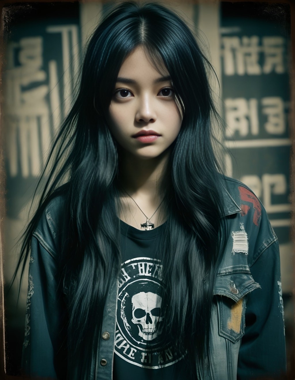 Seorang gadis dengan rambut hitam panjang mengenakan kalung tengkorak.
