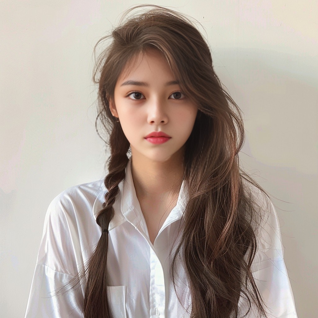 a girl with long hair wearing a white shirt