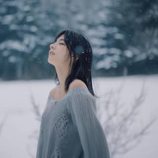 一名女子站在雪中闭着眼睛。