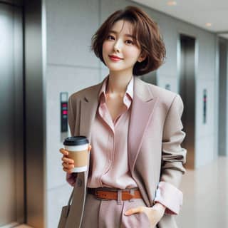 in a suit holding a coffee cup